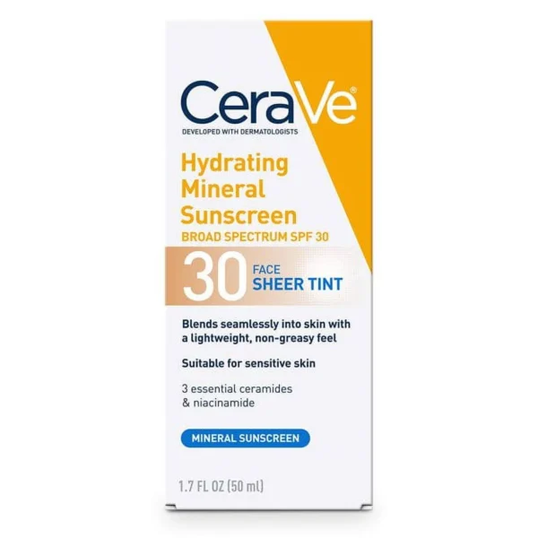 CeraVe Hydrating Mineral Sunscreen SPF 30 Face Sheer Tint 50ml | Broad Spectrum Protection & Hydration | USA