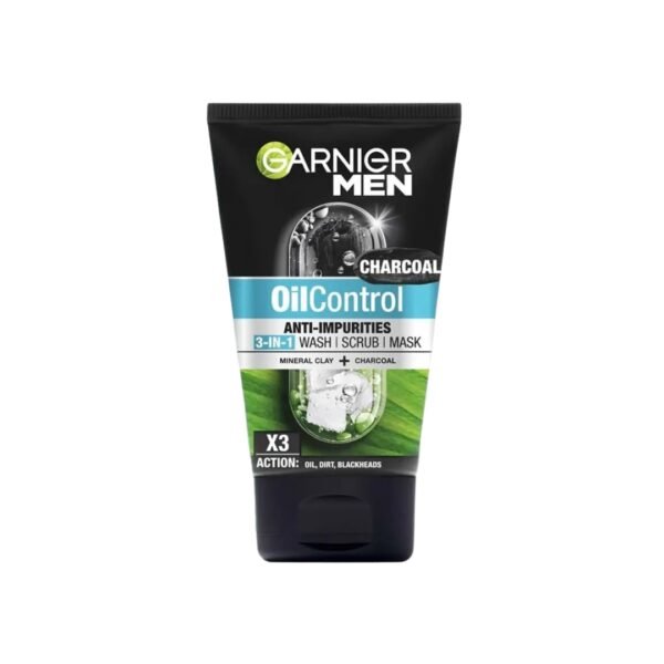 Garnier Men Charcoal Oil Control 3-in-1 Wash, Scrub & Mask 100ml | Deep Cleansing & Oil Control | Indonesia