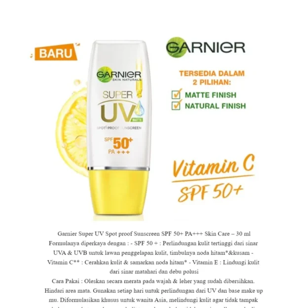 Garnier Vitamin C Super UV Matte SPF 50 PA+++ 30ml - High UV Protection with Matte | Indonesia - Image 2