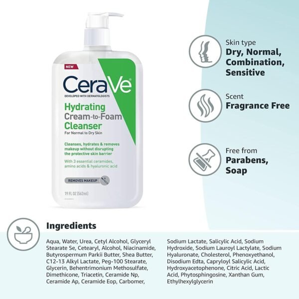 CeraVe Hydrating Cream-to-Foam Cleanser 237ml | Gentle & Effective Cleanse - Image 3
