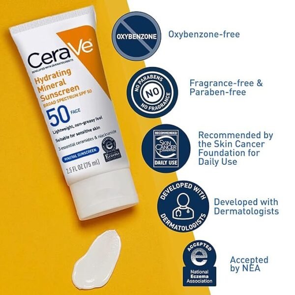 CeraVe Hydrating Mineral Sunscreen SPF 50 For Face | France | Broad-Spectrum Protection - Image 2