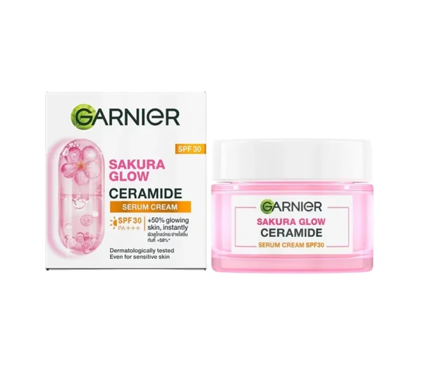 Garnier Sakura Glow Ceramide Serum Cream SPF 30 50ml | Hydrating, Brightening, and Sun Protection | Indonesia