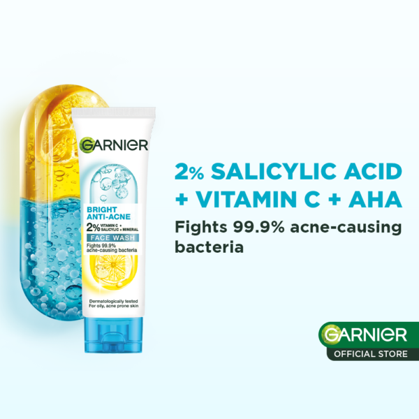 Garnier Bright Anti-Acne 2% Face Wash 100ml | Vitamin C & Salicylic Acid for Clearer Skin | Indonesia - Image 3