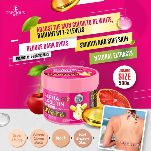 Precious Skin Alpha Arbutin Collagen UV Protection SPF 50 Body Serum 500g | Brighten & Protect Skin | Thailand - Image 2